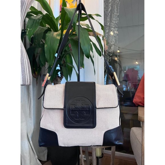 TORY BURCH AUTHENTIC VINTAGE CANVAS AND BLACK (DARK BLUE?) HANDBAG - Picture 15 of 15